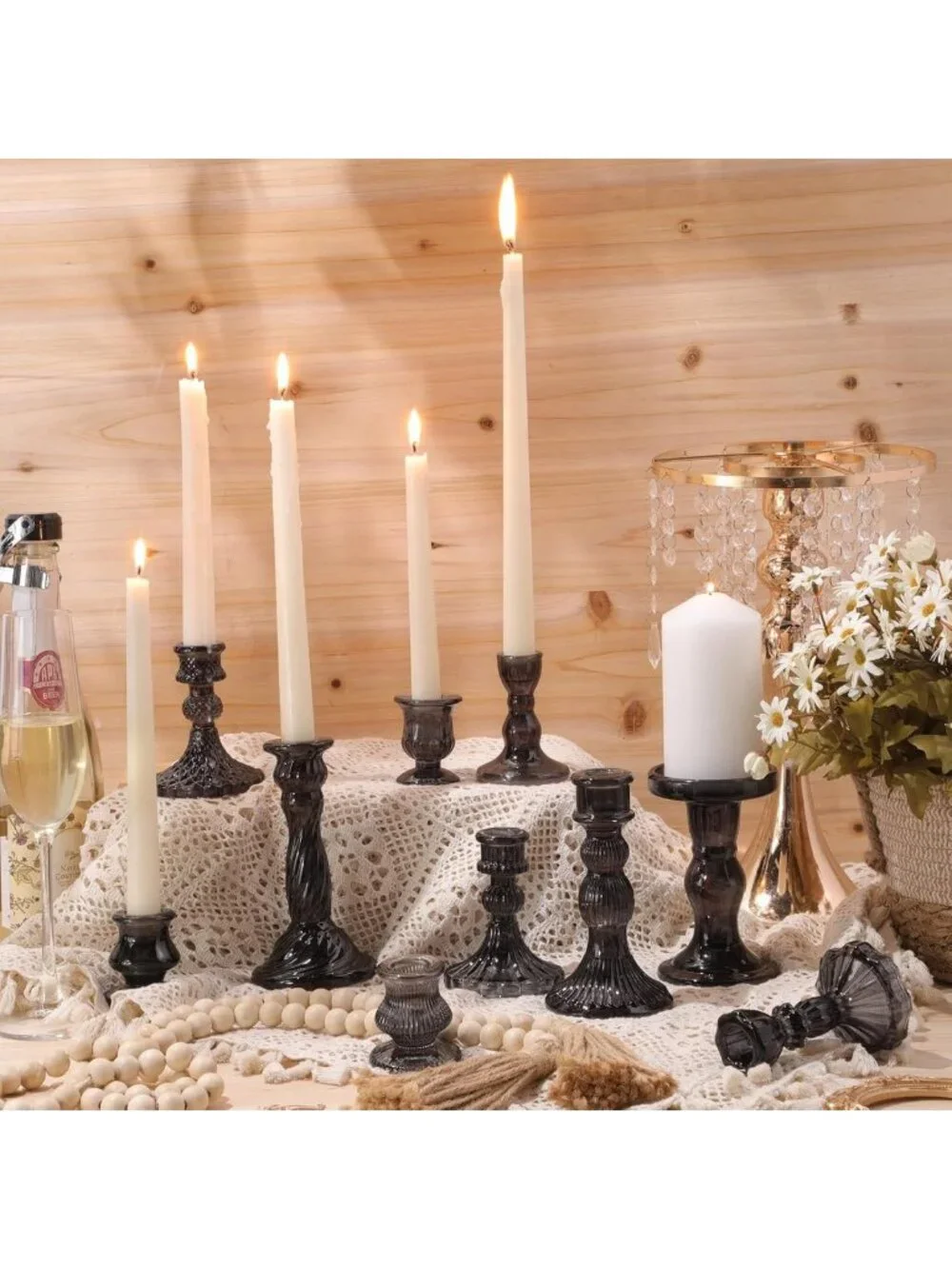 Elegant Black Crystal Taper Candle Holders - Set of 10 for Home Decor & Events